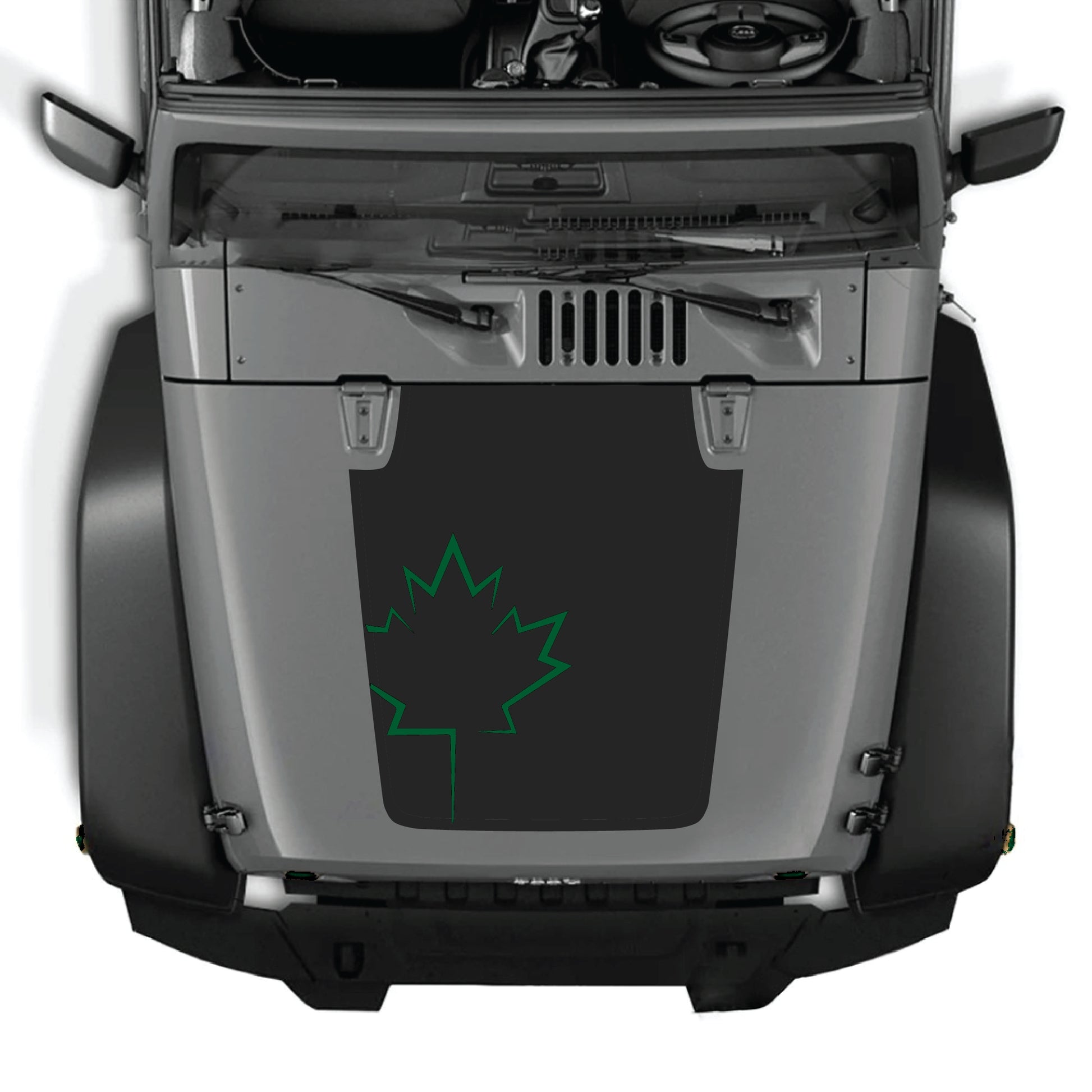 CarCode Jeep Wrangler hood decal with Canada leaf graphic, premium vinyl sticker for JK JKU 2007-2018 off-road vehicle.