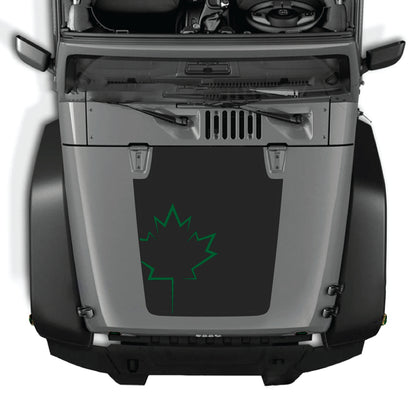 CarCode Jeep Wrangler hood decal with Canada leaf graphic, premium vinyl sticker for JK JKU 2007-2018 off-road vehicle.