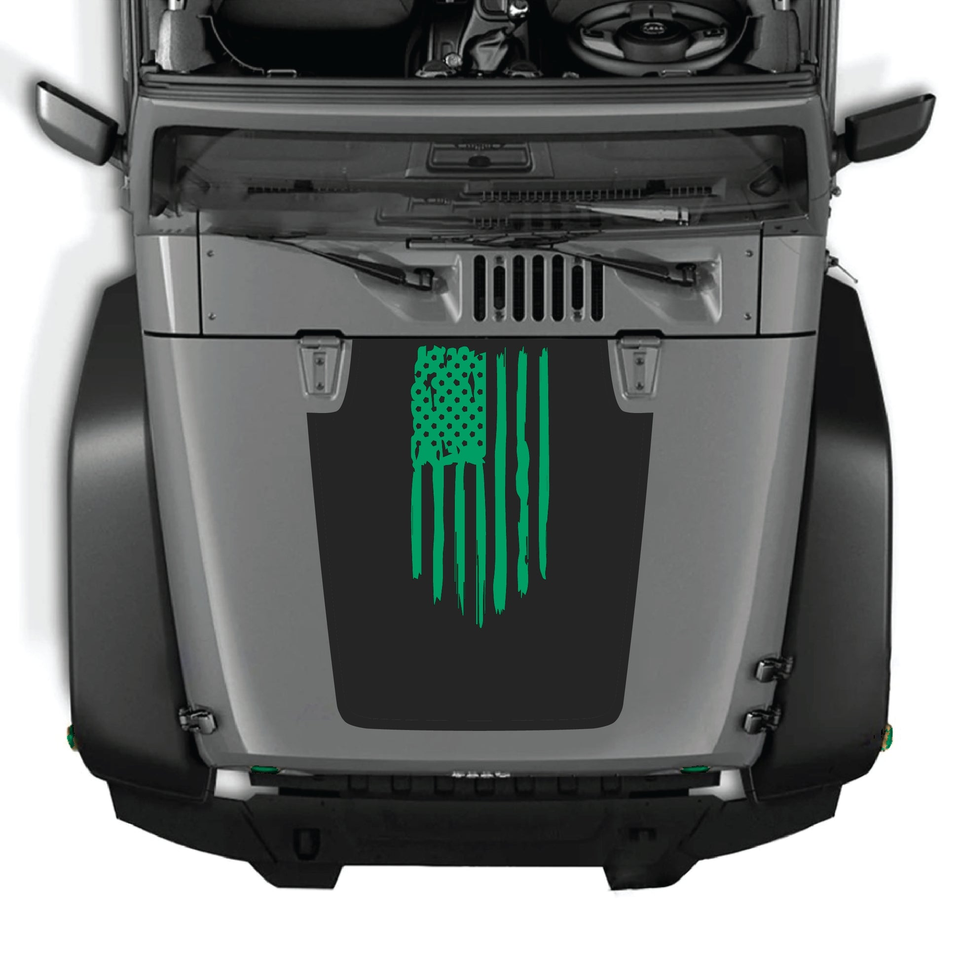 America flag hood decal graphic kit for Jeep Wrangler JK JKU, made of premium vinyl by CarCode, shown on vehicle hood.