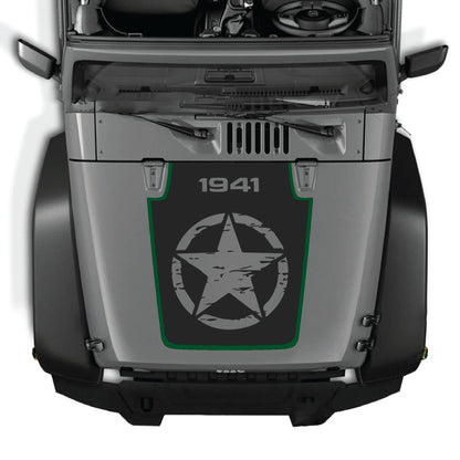 Calcomanía para el capó de Jeep Wrangler JK JKU con gráfico de estrella completa en vinilo premium de CarCode, diseñada para modelos 2007-2018.