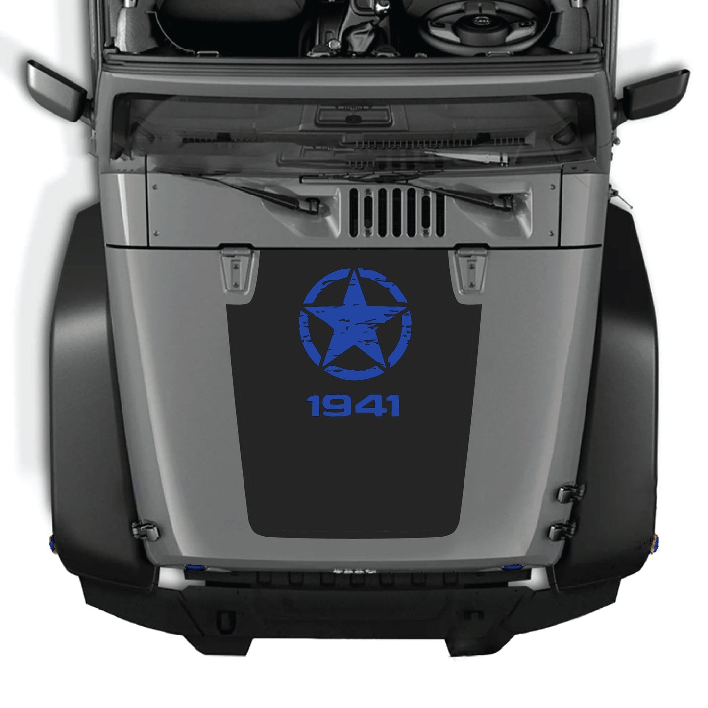 Jeep Wrangler JK hood decal featuring a Top Star 1941 graphic from CarCode, made of premium vinyl, applied on the hood.