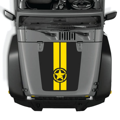 Jeep Wrangler JK hood decal kit featuring star and stripes graphic in vibrant colors on premium vinyl for a bold look.