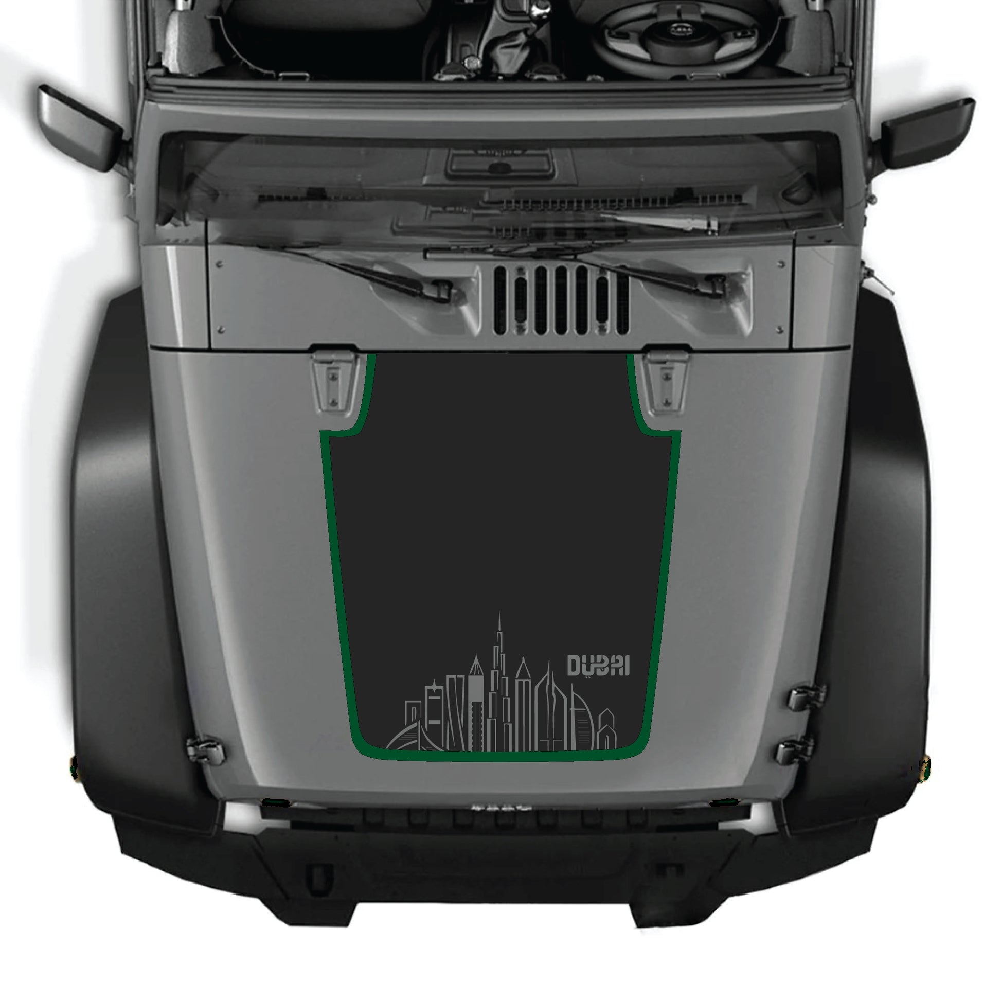 Kit gráfico de calcomanías de Dubái para capó de Jeep Wrangler JK JKU, hecho de vinilo premium con un diseño audaz de la ciudad de Dubái.