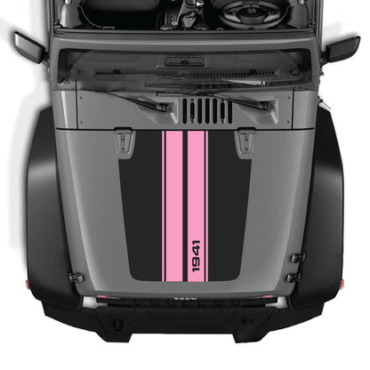 Jeep Wrangler JK hood with CarCode 1941 Stripes decal graphic kit in black and white premium vinyl, decorative hood panel sticker.