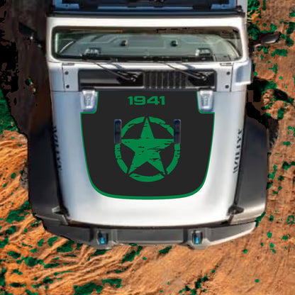 Hood Panel Decal/Sticker - Center Star 1941 with Border Graphic Decal Graphic Kit - For Jeep JL JLU Sahara 2018-2025 - Premium Vinyl