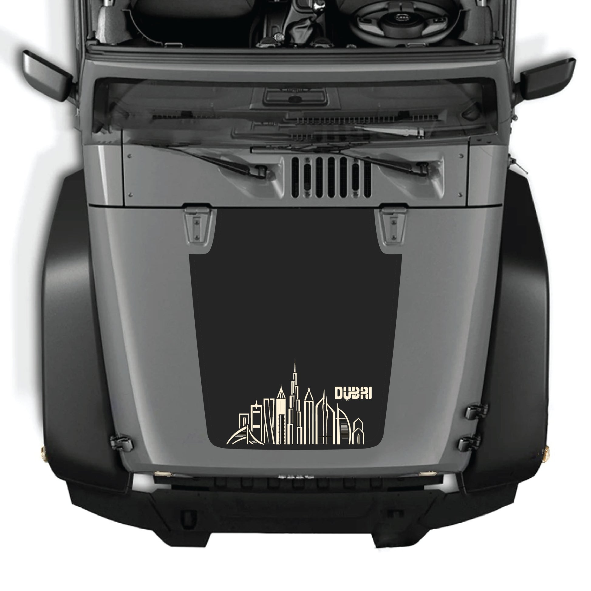 CarCode Jeep Wrangler JK hood decal with Dubai graphic kit in premium vinyl, featuring bold, vibrant Dubai-themed design.