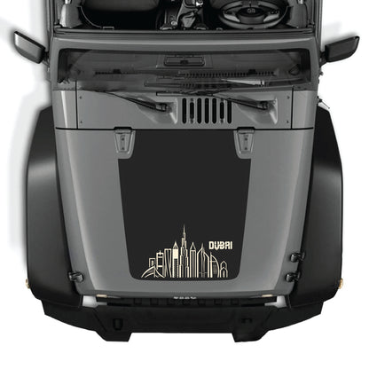 CarCode Jeep Wrangler JK hood decal with Dubai graphic kit in premium vinyl, featuring bold, vibrant Dubai-themed design.