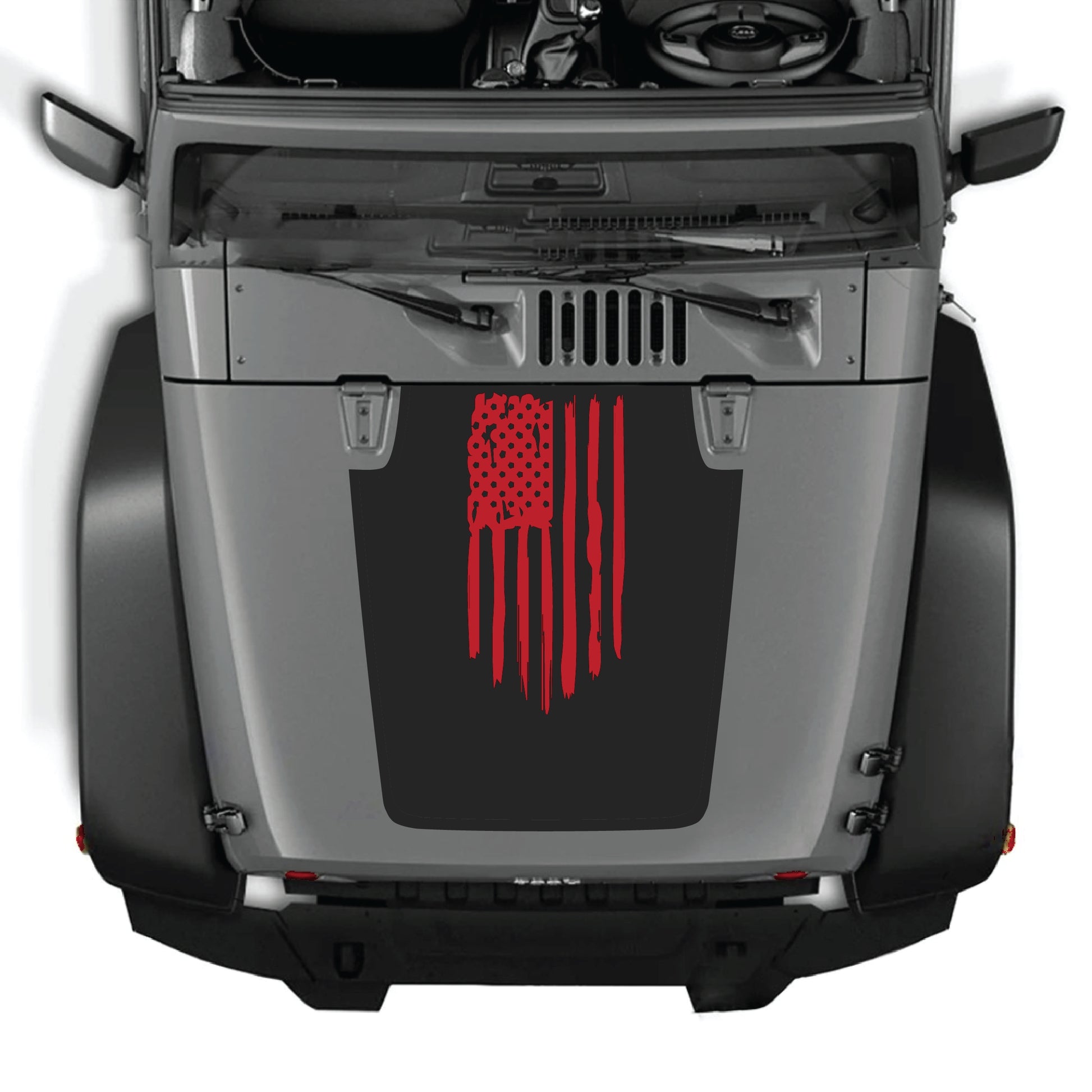 Jeep Wrangler JK with CarCode America flag hood decal sticker in premium vinyl, stylish patriotic graphic for 2007-2018 models.