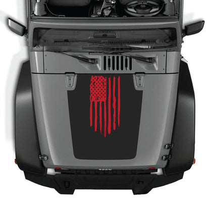 Jeep Wrangler JK with CarCode America flag hood decal sticker in premium vinyl, stylish patriotic graphic for 2007-2018 models.