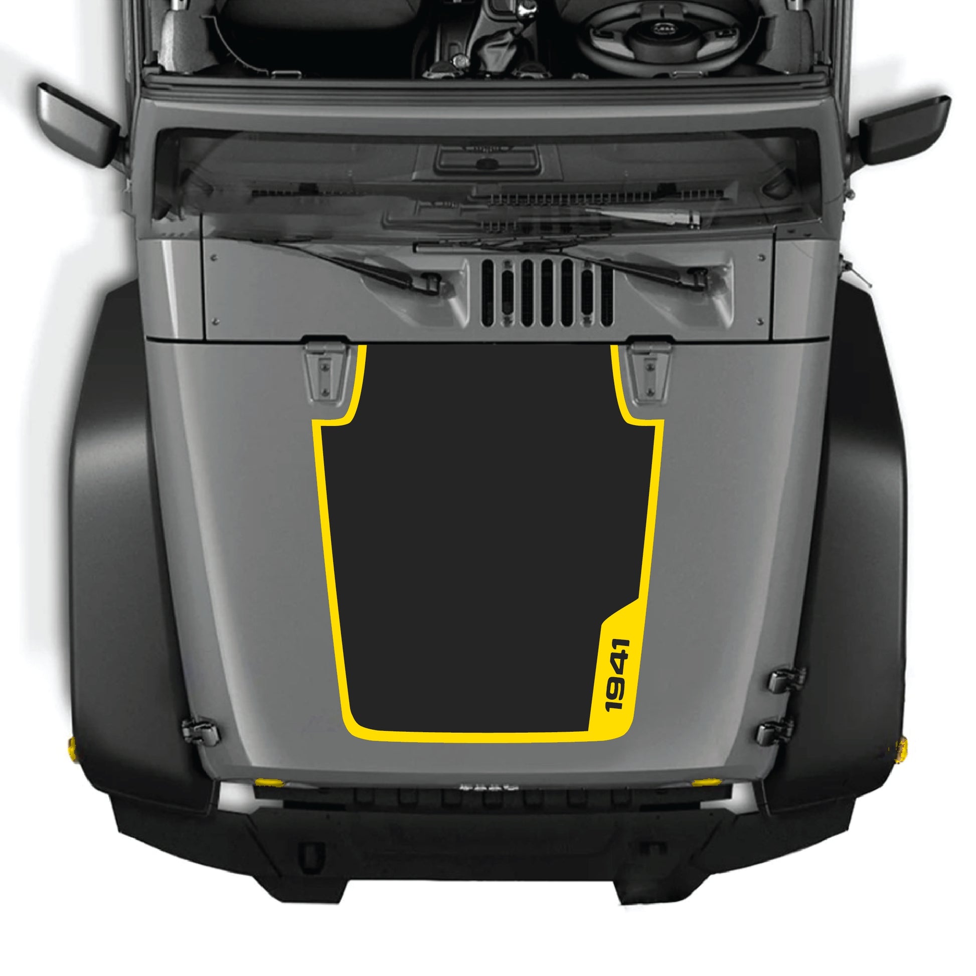 Right side Jeep Wrangler JK hood decal with 1941 border graphic, premium vinyl CarCode decal kit for 2007-2018 models.