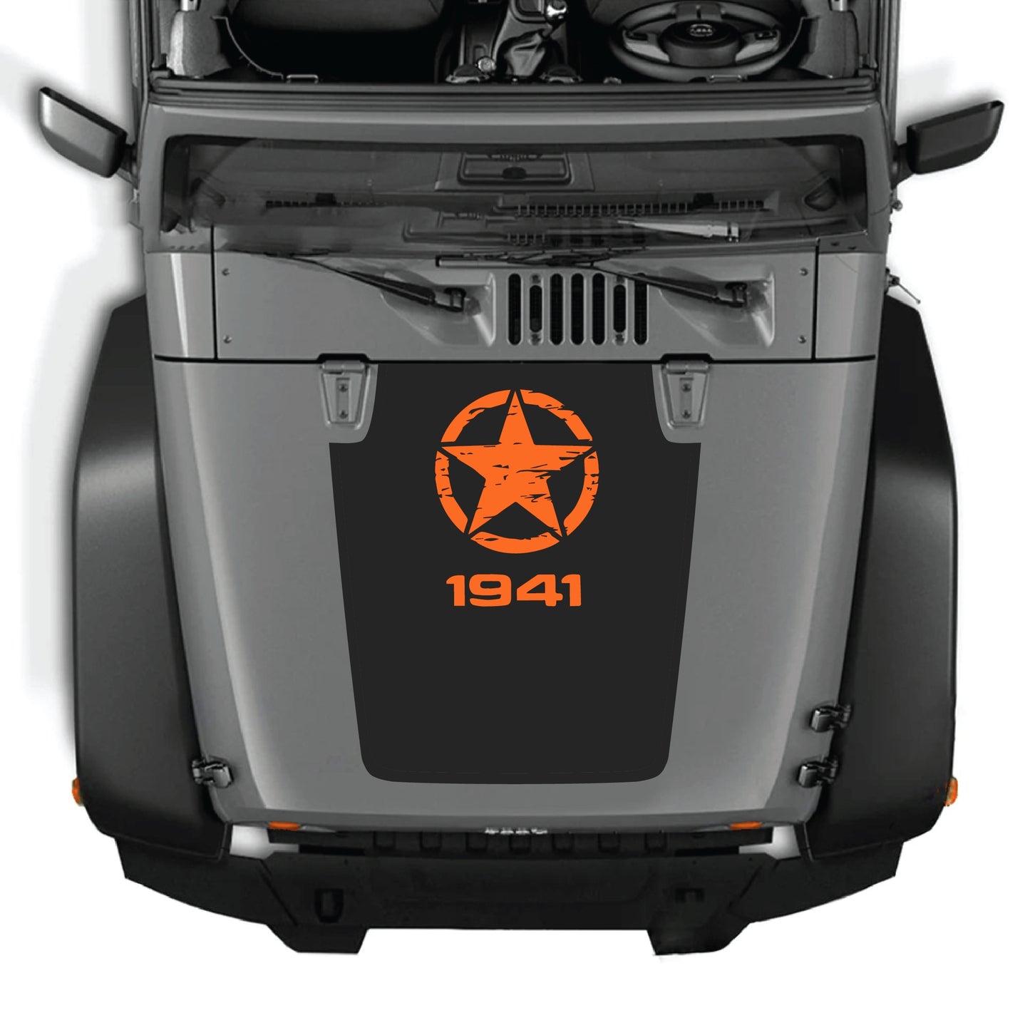 Jeep Wrangler JK JKU hood decal featuring a top star graphic from CarCode, made of premium vinyl for a sleek, custom look.