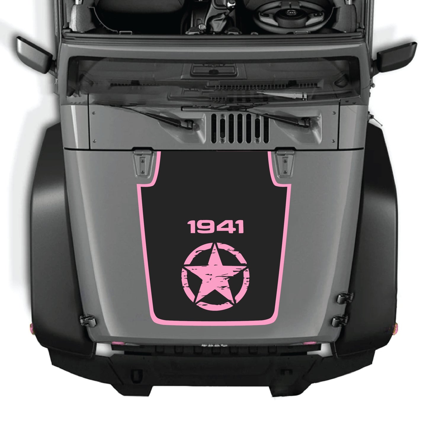 Jeep Wrangler JK hood decal featuring a 1941 center star with border graphic in black premium vinyl by CarCode.