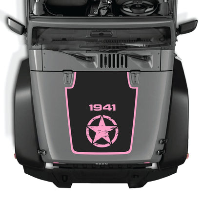 Jeep Wrangler JK hood decal featuring a 1941 center star with border graphic in black premium vinyl by CarCode.