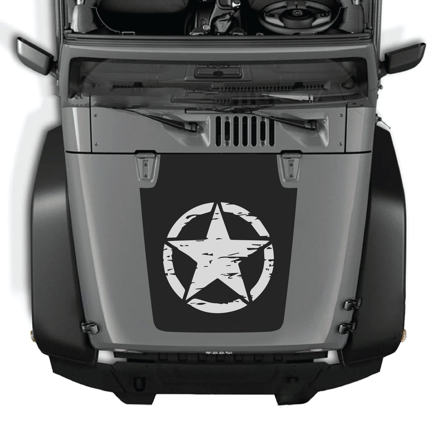 Full star hood decal graphic kit on a Jeep Wrangler JK JKU, made of premium vinyl by CarCode, for 2007-2018 models.