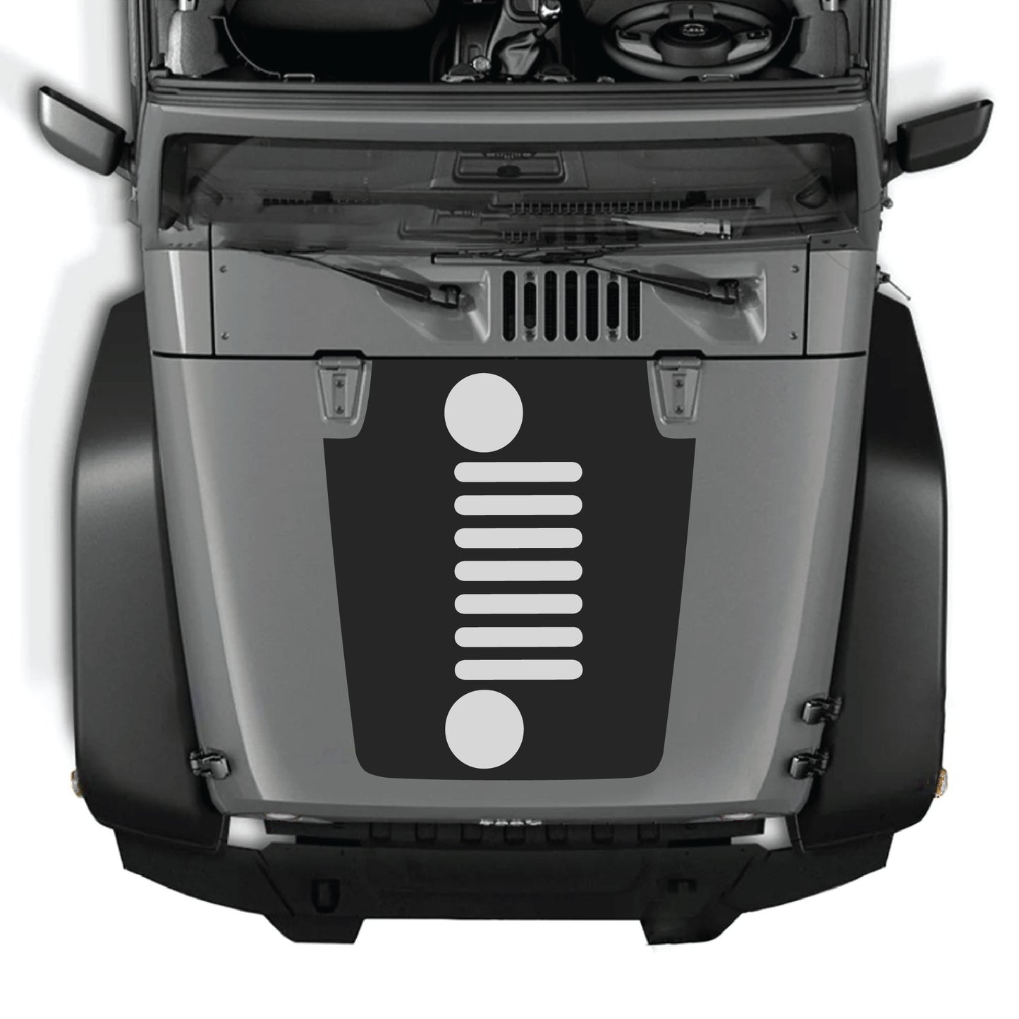 Vertical grill decal graphic kit for Jeep Wrangler JK JKU 2007-2018, made of premium vinyl, featuring bold hood panel design.