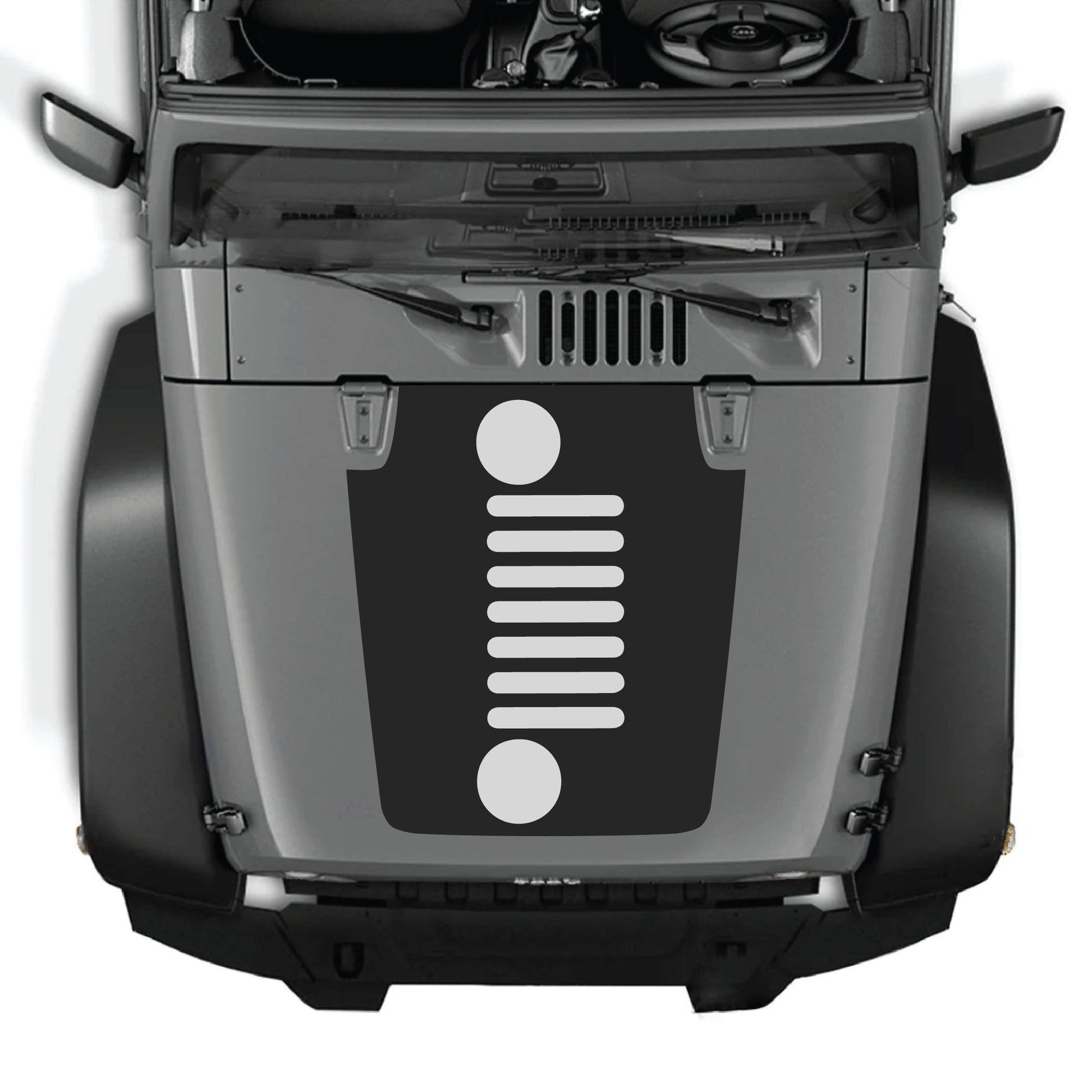Vertical grill decal graphic kit for Jeep Wrangler JK JKU 2007-2018, made of premium vinyl, featuring bold hood panel design.
