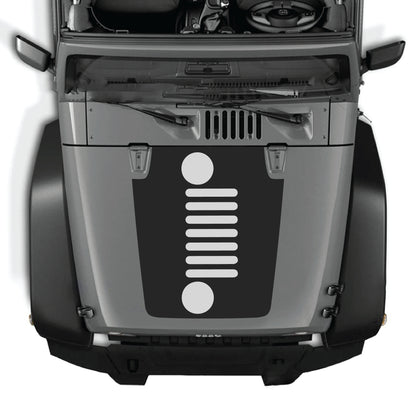 Vertical grill decal graphic kit for Jeep Wrangler JK JKU 2007-2018, made of premium vinyl, featuring bold hood panel design.