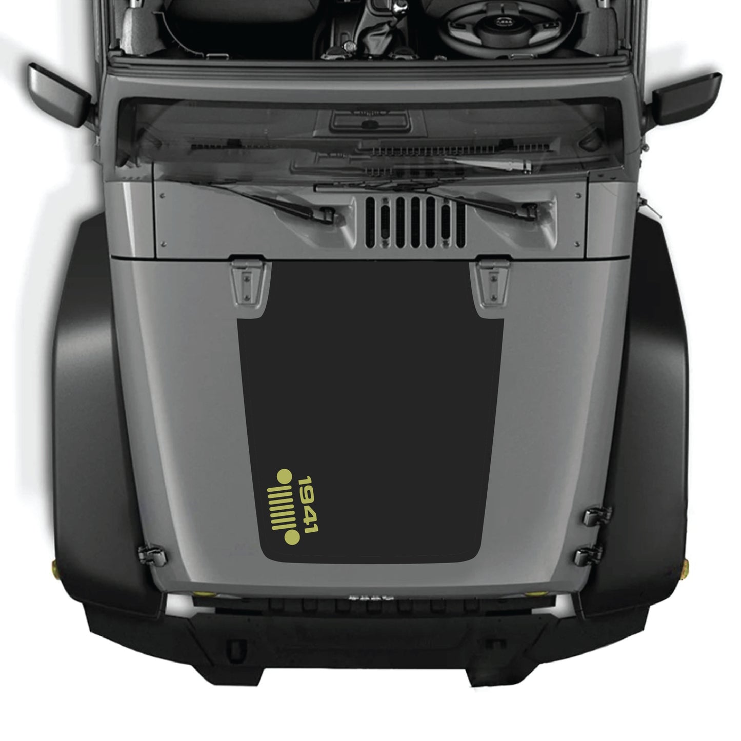 Left side hood decal featuring 1941 grill graphic for Jeep Wrangler JK and JKU, made of premium vinyl by CarCode.