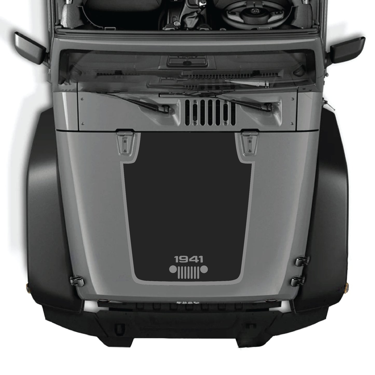 Jeep Wrangler JK JKU hood decal featuring 1941 grill design with border, made of premium vinyl by CarCode.