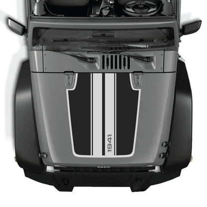 Calcomanía para capó del Jeep Wrangler JK con kit gráfico de franjas 1941 en vinilo blanco y negro, diseñada para personalización CarCode.