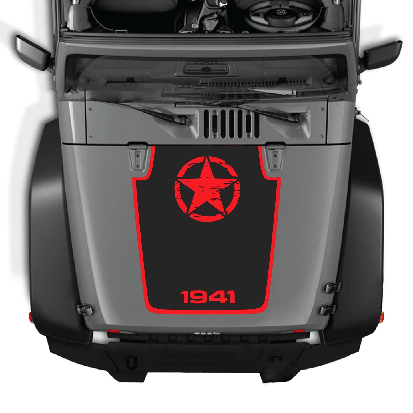 Jeep Wrangler JK hood decal featuring a 1941 star with border design in black premium vinyl for 2007-2018 models.
