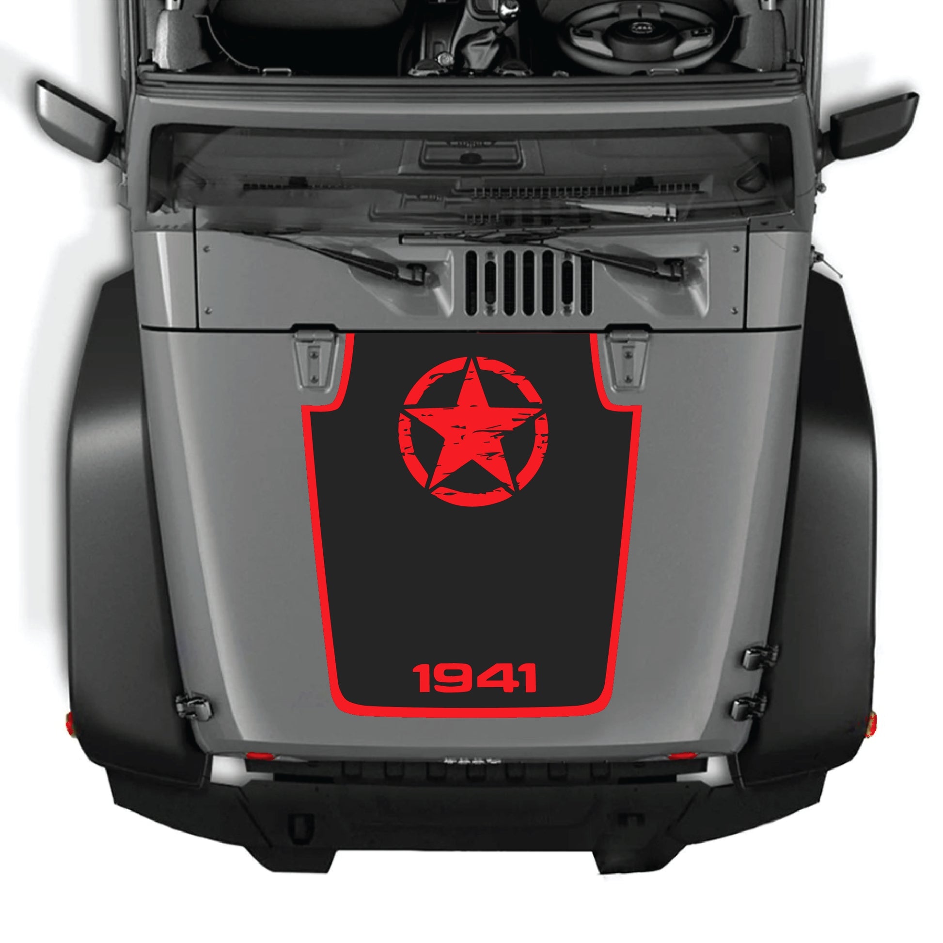 Jeep Wrangler JK hood decal featuring a 1941 star with border design in black premium vinyl for 2007-2018 models.