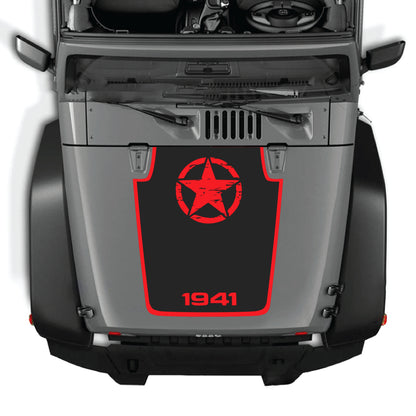 Jeep Wrangler JK hood decal featuring a 1941 star with border design in black premium vinyl for 2007-2018 models.