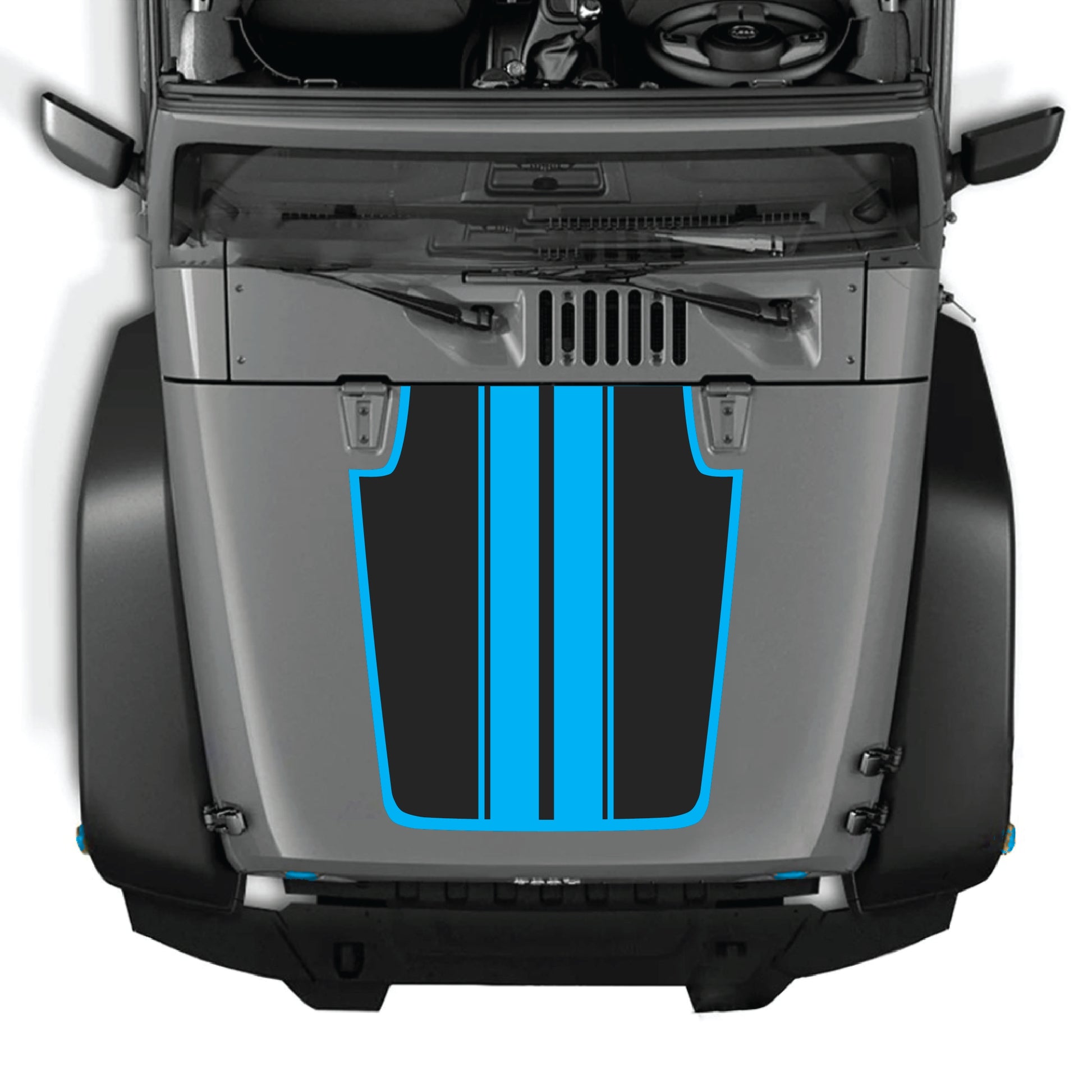 Jeep Wrangler JK JKU hood decal kit with black stripe and border graphic, made of premium vinyl, applied on vehicle hood.