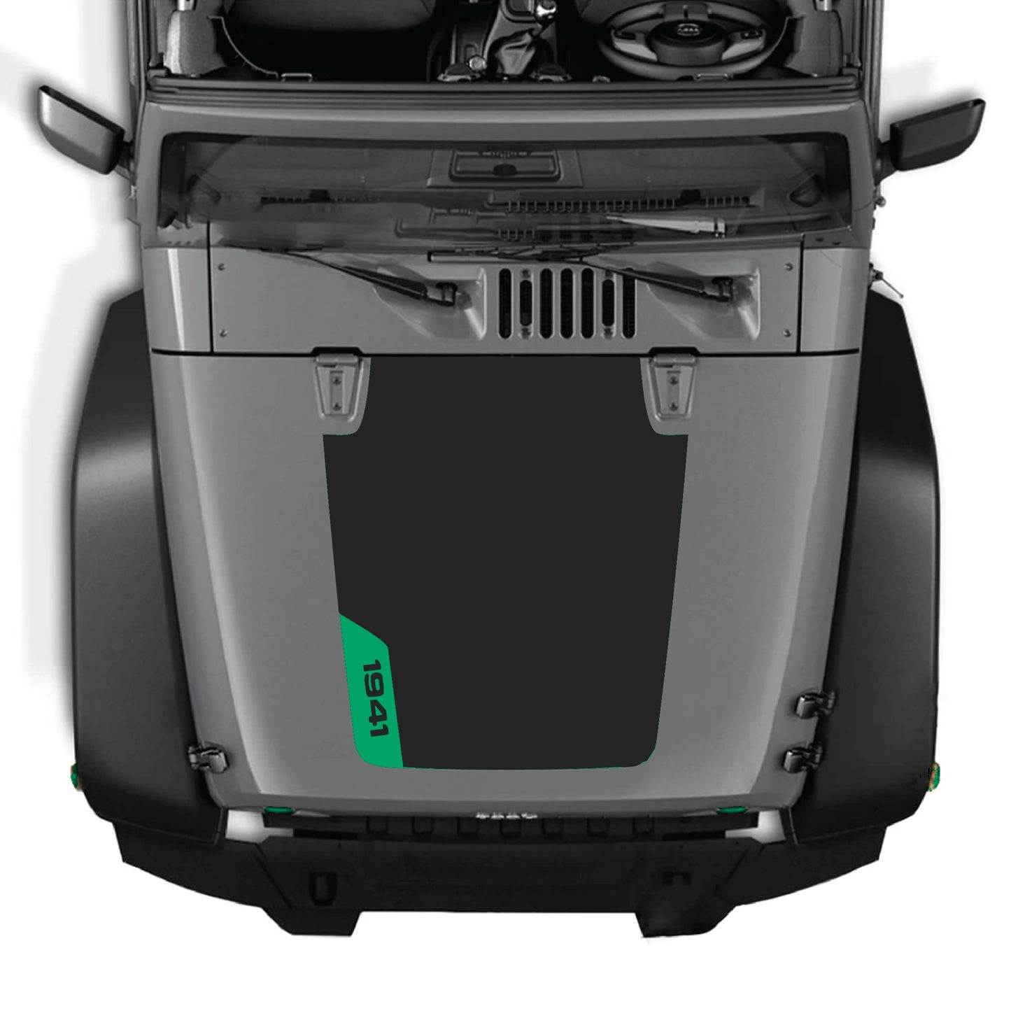 Left side Jeep Wrangler JK hood decal with 1941 graphic kit in premium vinyl, featuring bold black and white design.