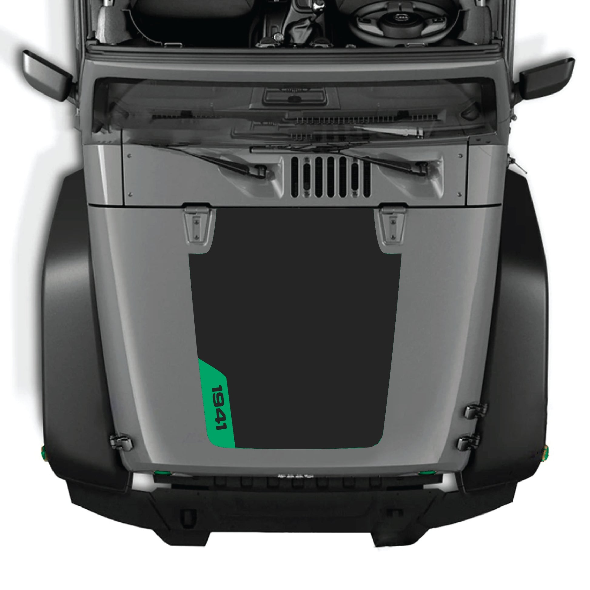 Left side Jeep Wrangler JK hood decal with 1941 graphic kit in premium vinyl, featuring bold black and white design.