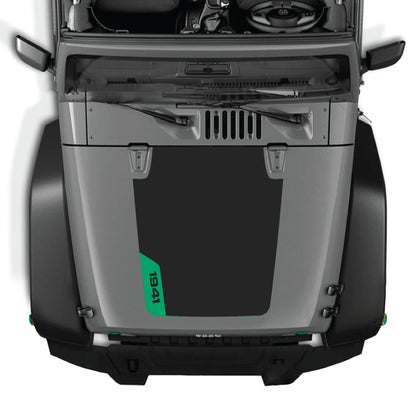 Left side Jeep Wrangler JK hood decal with 1941 graphic kit in premium vinyl, featuring bold black and white design.