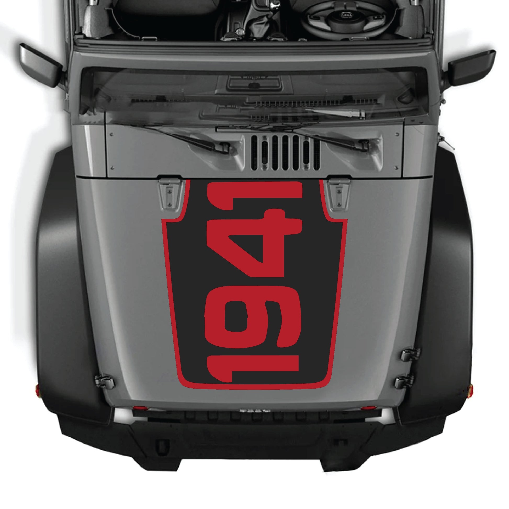 Jeep Wrangler JK hood decal with 1941 border graphic, premium vinyl CarCode sticker for 2007-2018 models.