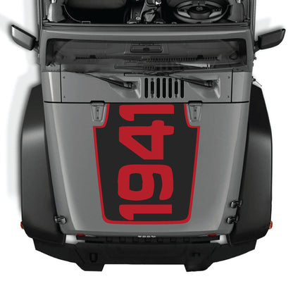 Jeep Wrangler JK hood decal with 1941 border graphic, premium vinyl CarCode sticker for 2007-2018 models.