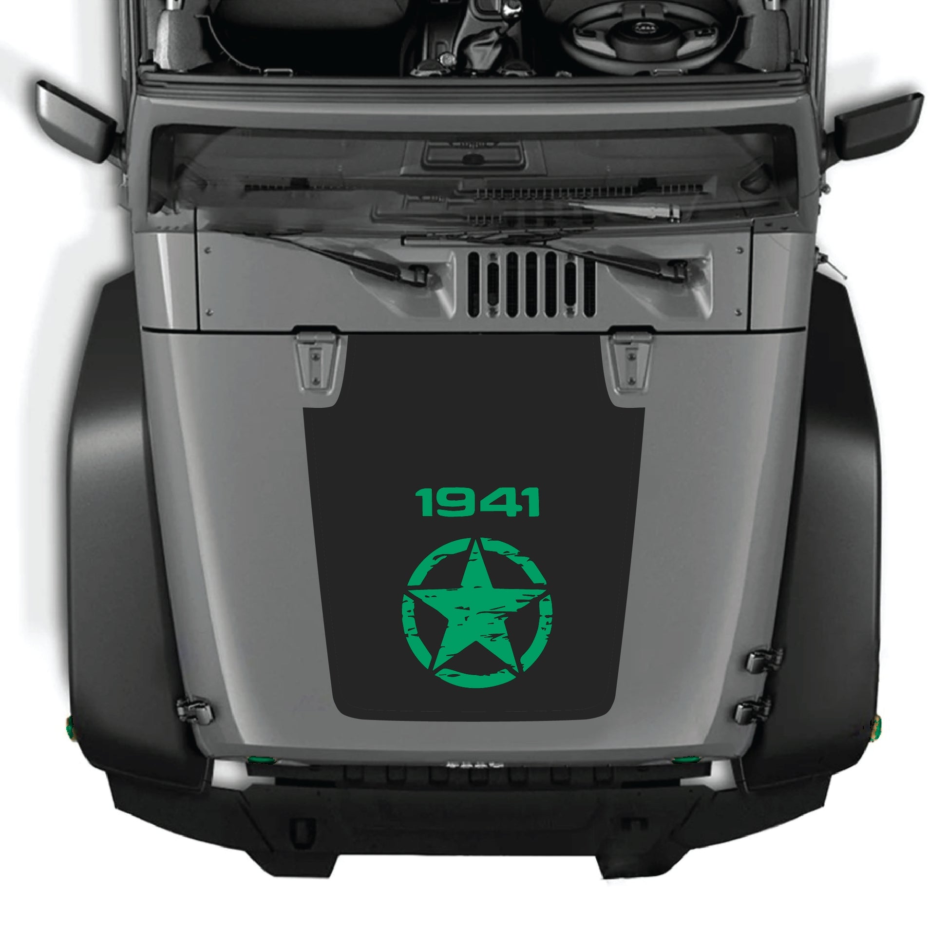 Jeep Wrangler JK JKU hood decal with a centered star graphic in premium vinyl, designed for 2007-2018 models.