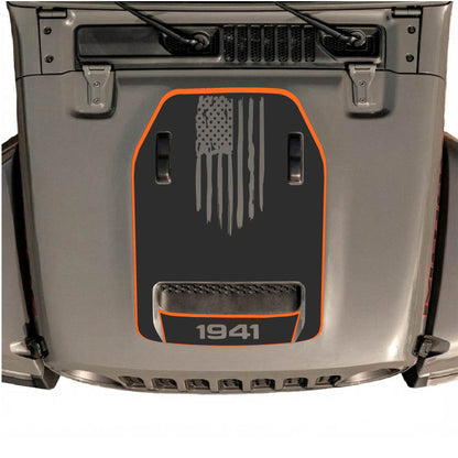Hood Panel Decal/Sticker - 1941 America Flag with Border Graphic Decal Graphic Kit - For Jeep JL JLU 392 2018 - Premium Vinyl