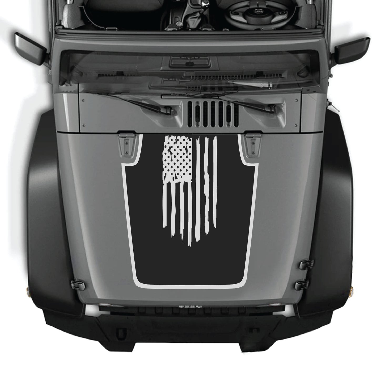 Jeep Wrangler JK hood decal with American flag and border, CarCode premium vinyl sticker, for 2007-2018 models.