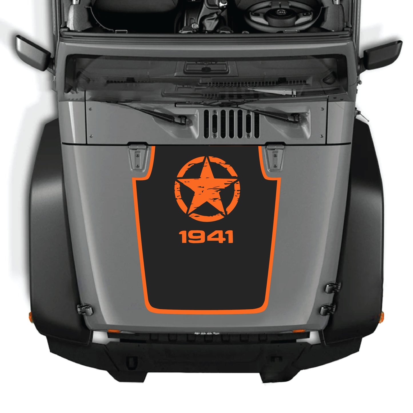 Jeep Wrangler JK with CarCode Top Star 1941 hood decal featuring border graphic on premium vinyl hood panel.