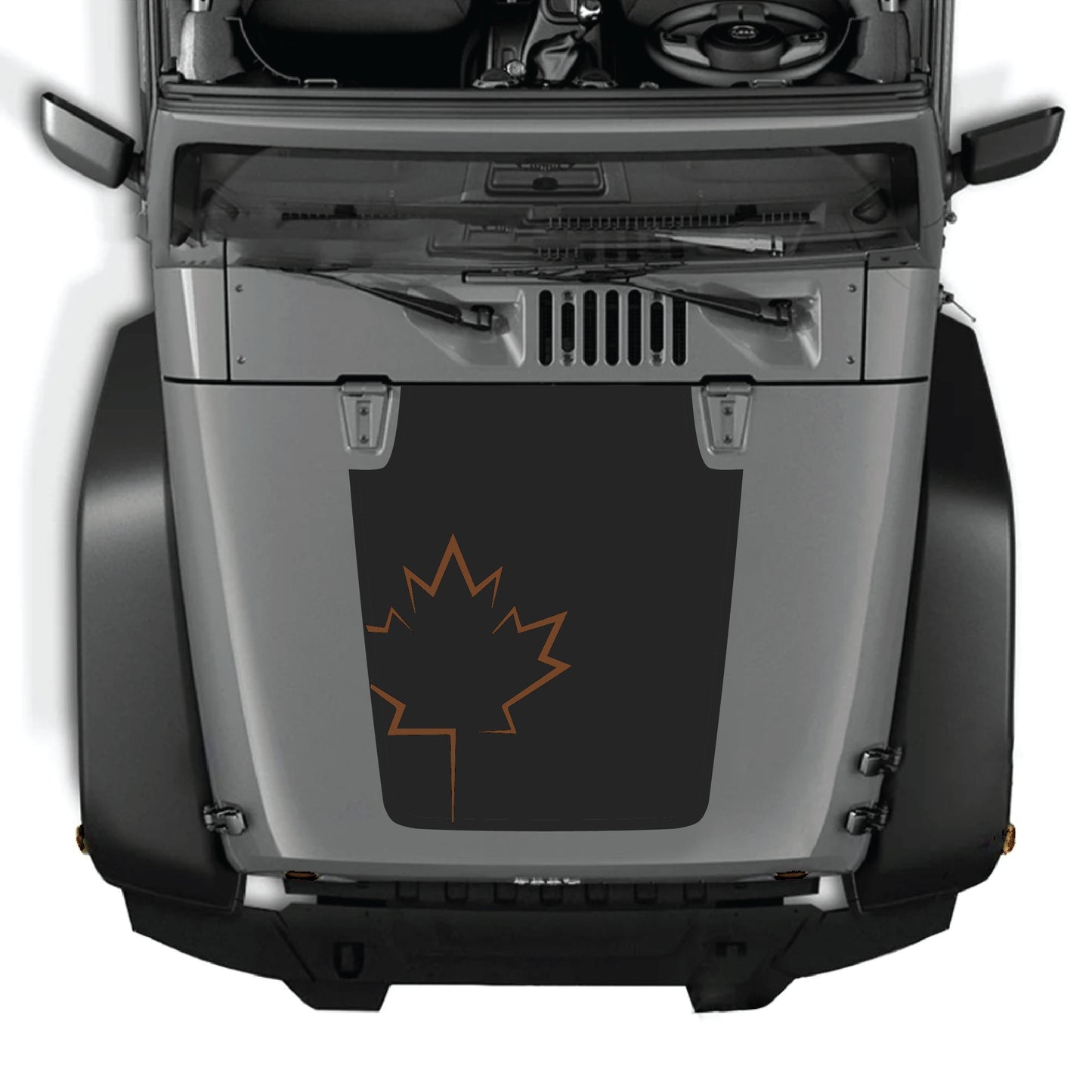 CarCode Canada leaf hood decal sticker for Jeep Wrangler JK JKU 2007-2018, made of premium vinyl, featuring a bold leaf graphic.