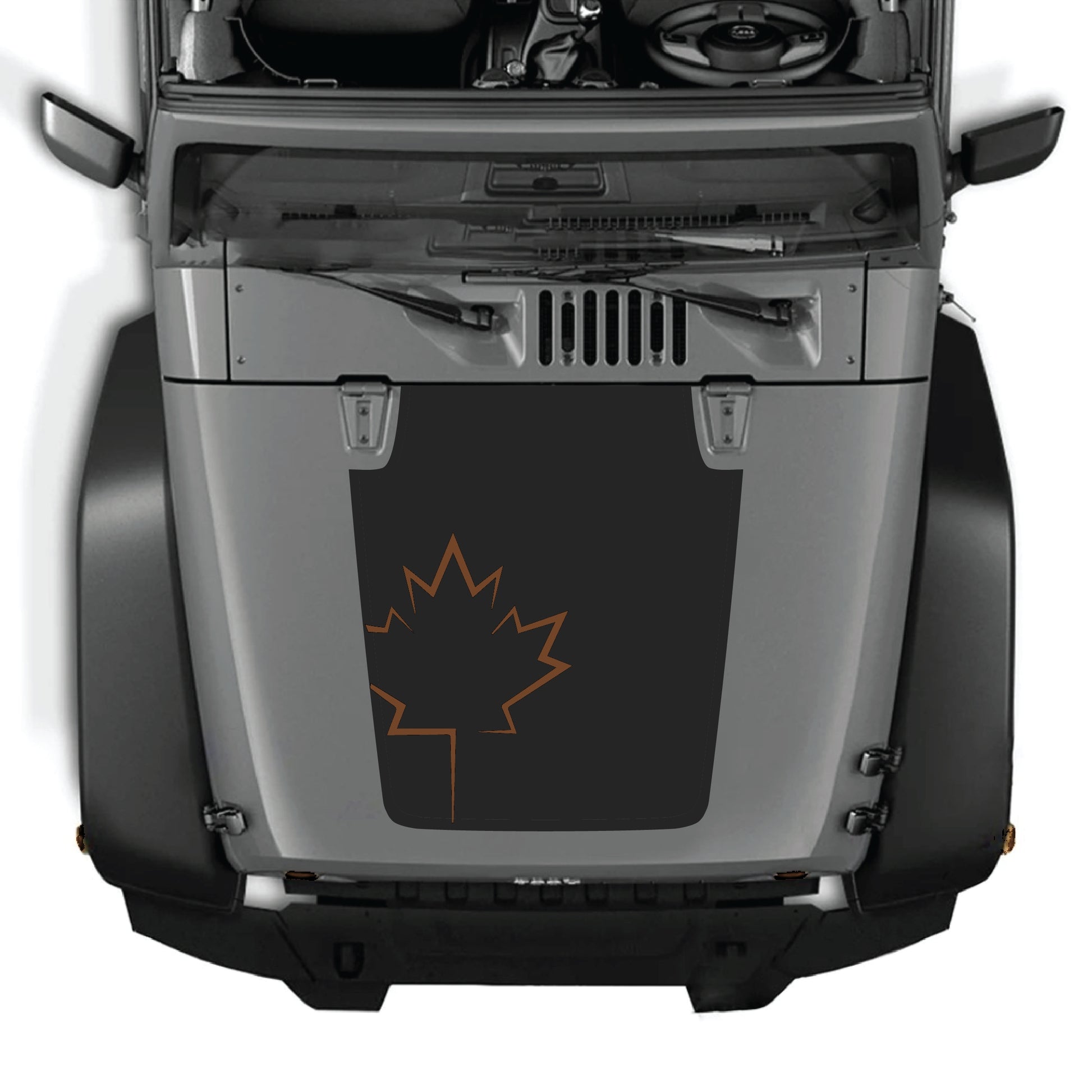 CarCode Canada leaf hood decal sticker for Jeep Wrangler JK JKU 2007-2018, made of premium vinyl, featuring a bold leaf graphic.