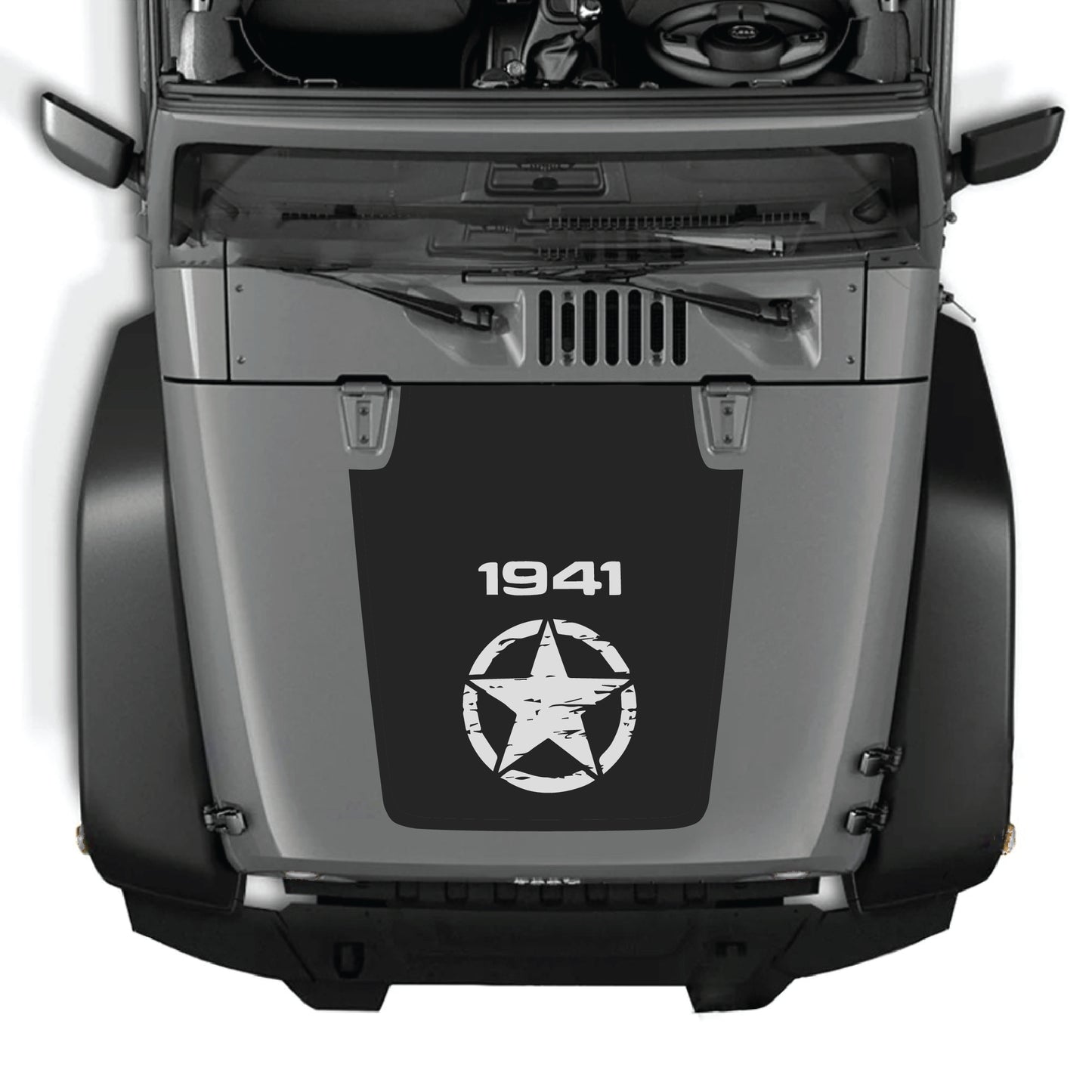 Jeep Wrangler JK JKU 2007-2018 hood decal with a center star graphic, made of premium vinyl, applied to the vehicle's hood.