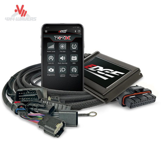 Edge Products EZX Inline Module and Throttle Controller installed in a 2021-2025 Ford F150 and Raptor, showing the device and engine bay.