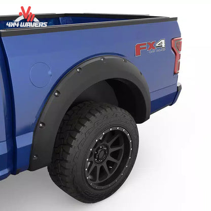 Matte bolt-style Fender Flares by EGR for 2018-2020 Ford F-150, showing close-up of black finish and bolt details.