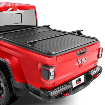 Close-up of EGR RollTrac aluminum slat tonneau cover on 2020-2026 Jeep Gladiator JT 5-foot bed, showing its sleek design.