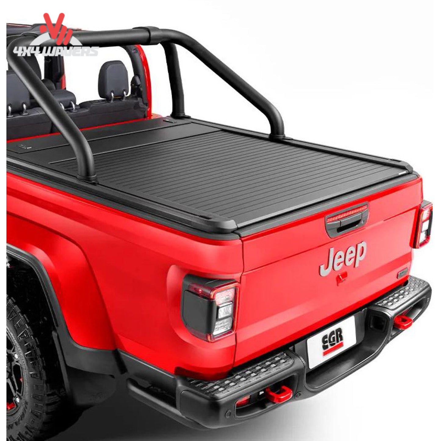 Close-up of EGR RollTrac aluminum slat tonneau cover on a 2020–2026 Jeep Gladiator JT 5-foot bed.