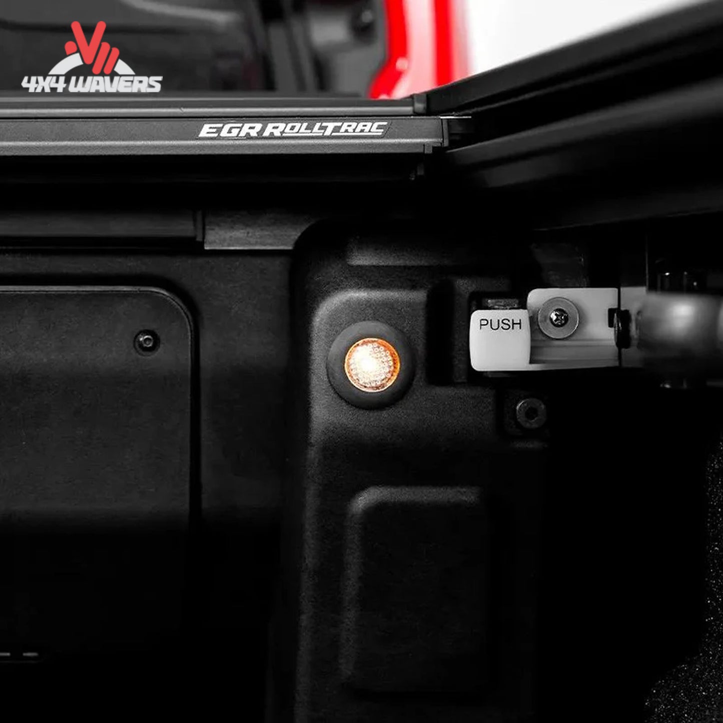 EGR RollTrac electric tonneau cover installed on 2020–2026 Jeep Gladiator JT with 5-foot bed, shown on vehicle roof rack.