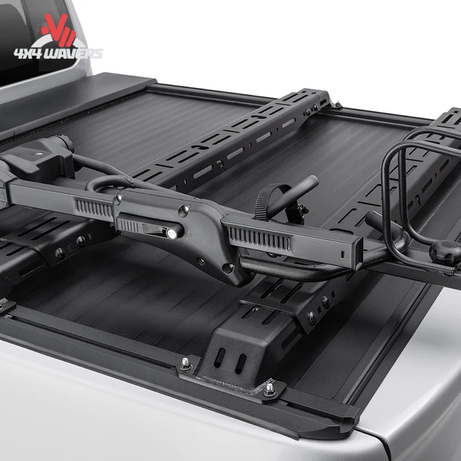 TruXedo Elevate Bike Carrier fork retention system; Close-up of fork-mount bicycle attachment mechanism on Elevate Bike Carrier