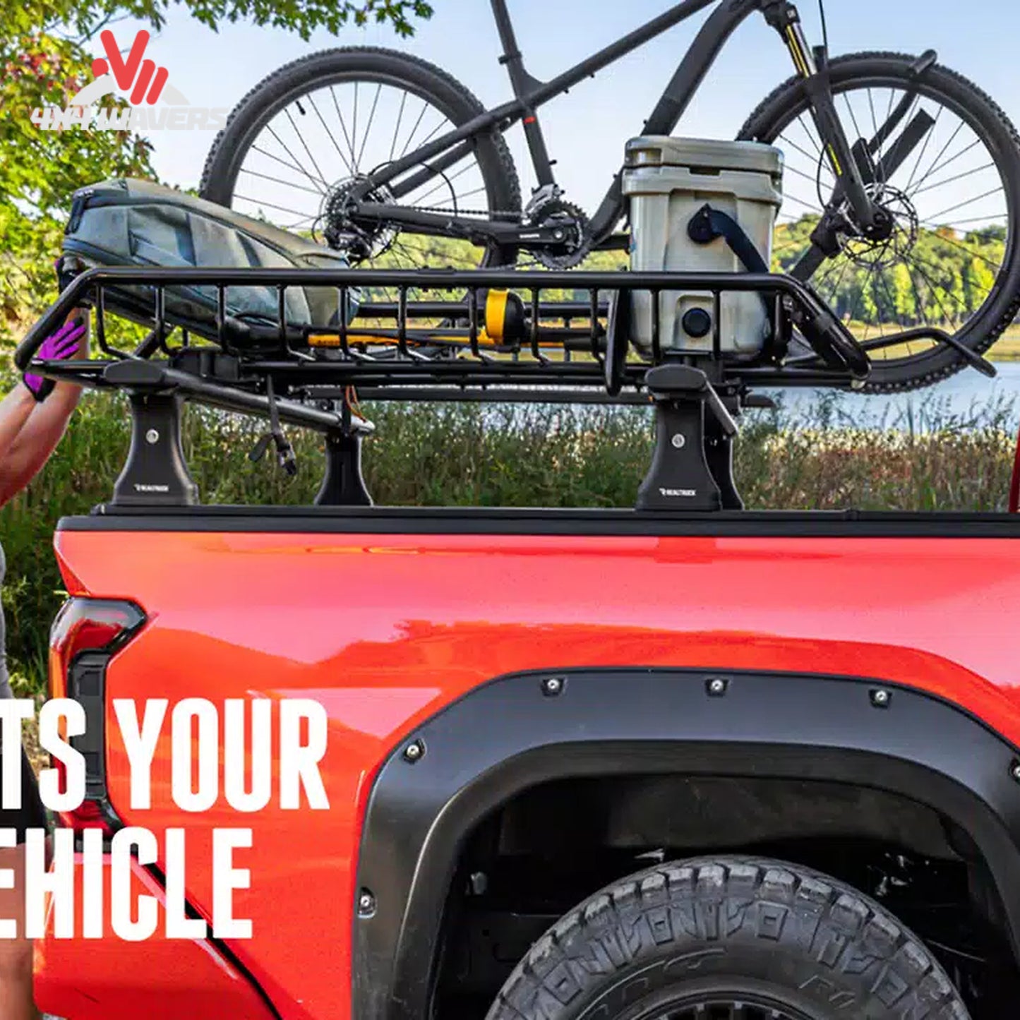 Narrow overland cargo basket carrying camping and recovery gear