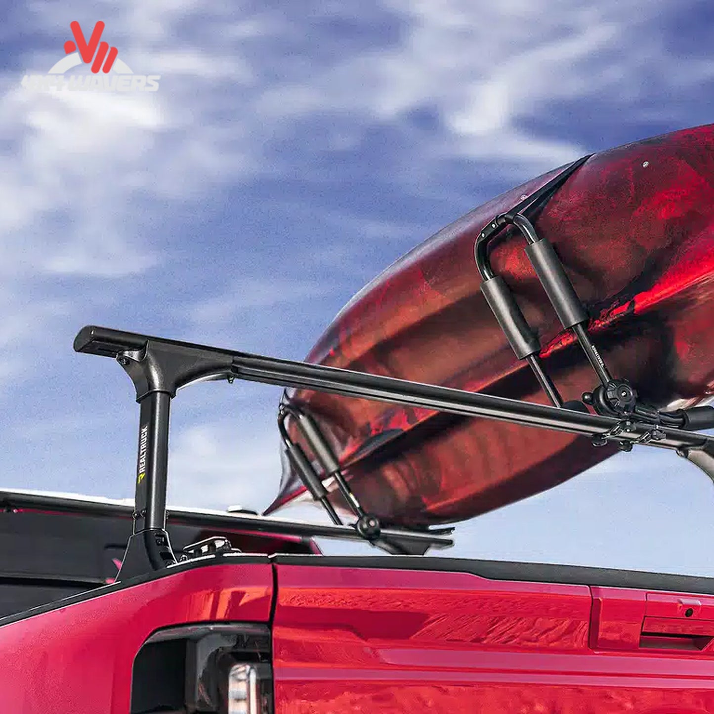 Recreational kayak safely mounted in the Elevate Kayak Carrier using integrated straps and padded supports
