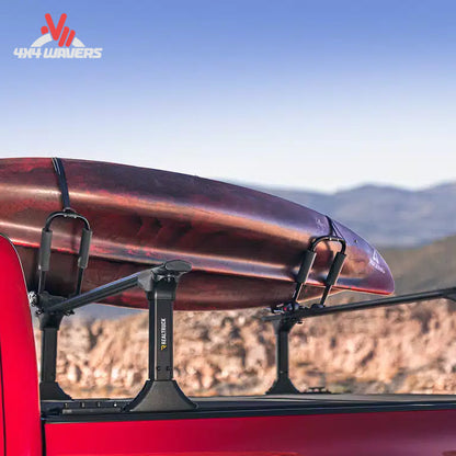 Kayak secured in RealTruck Elevate Kayak Carrier on truck rack