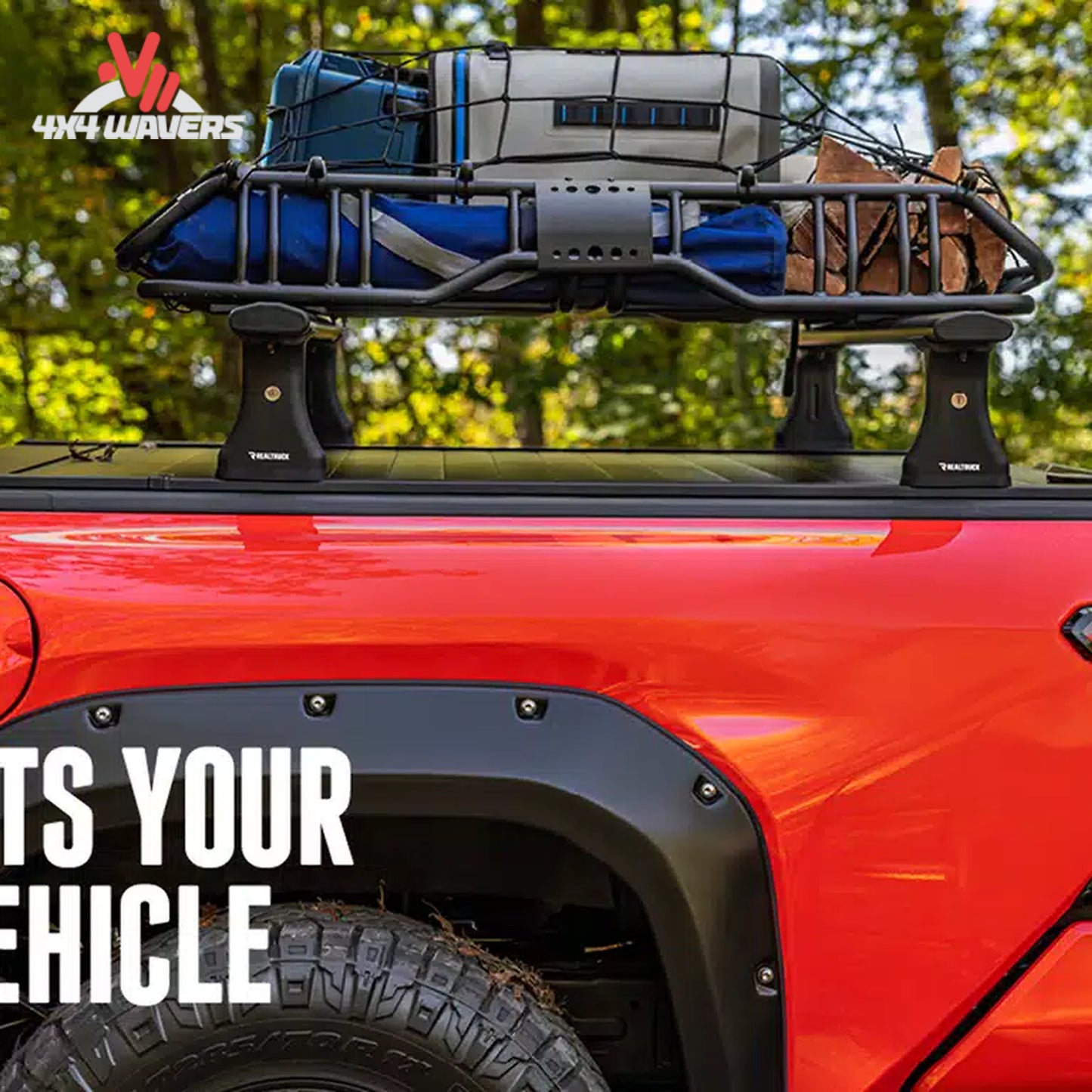 RealTruck cargo basket carrying camping equipment and recovery gear during an overland adventure